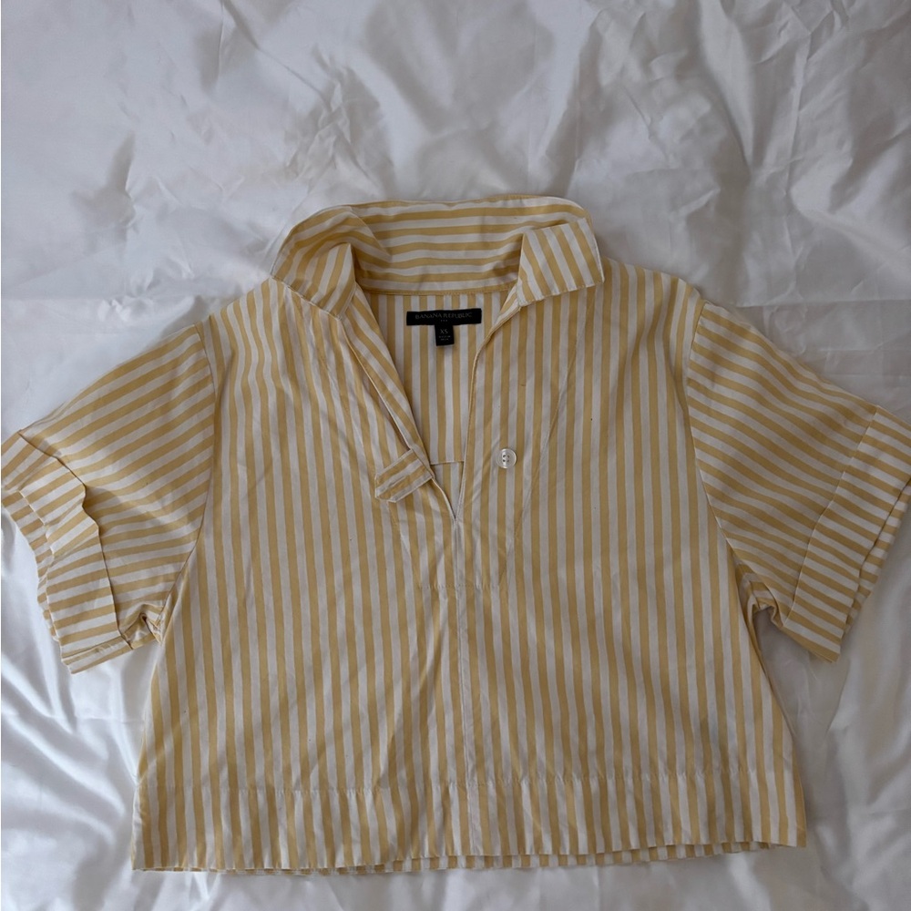 Banana Republic Yellow and White Striped Cropped Shirt
